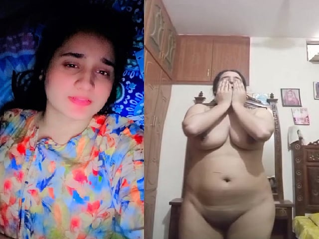 Long hair wife shows naked body curves in shyness